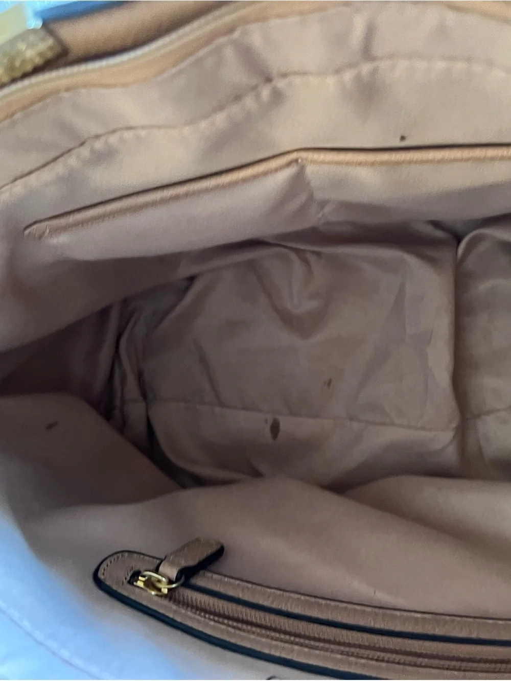 Adrienne Vittadini Taupe and Cream Shoulder Tote with Pom Charm Tan Work Bag